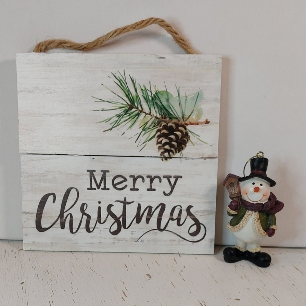 Christmas Wooden Hanging Sign and Snowman Ornament Stocking Stuffer Gift Decor
